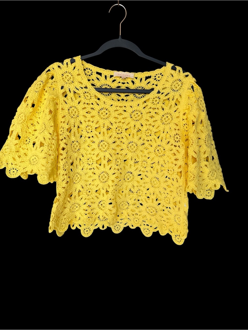 Solitaire Yellow Crochet Lace Short Sleeve Top Size XS - Picture 2 of 6